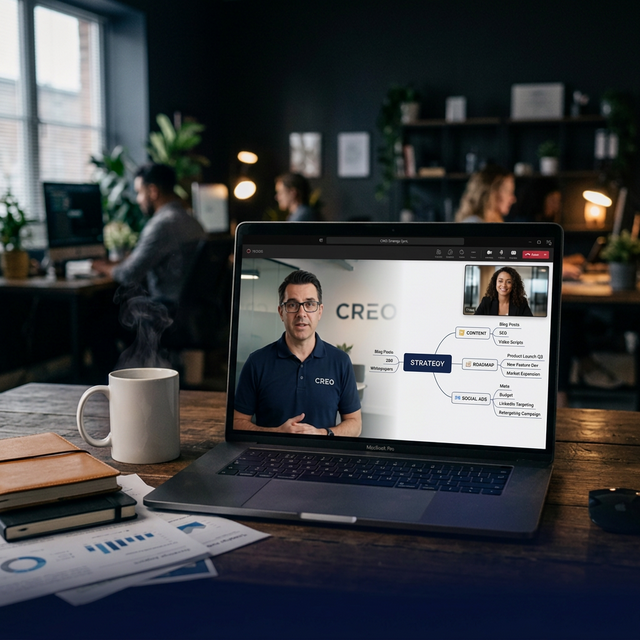 Strategy session: two people on a video call reviewing a marketing strategy mind map