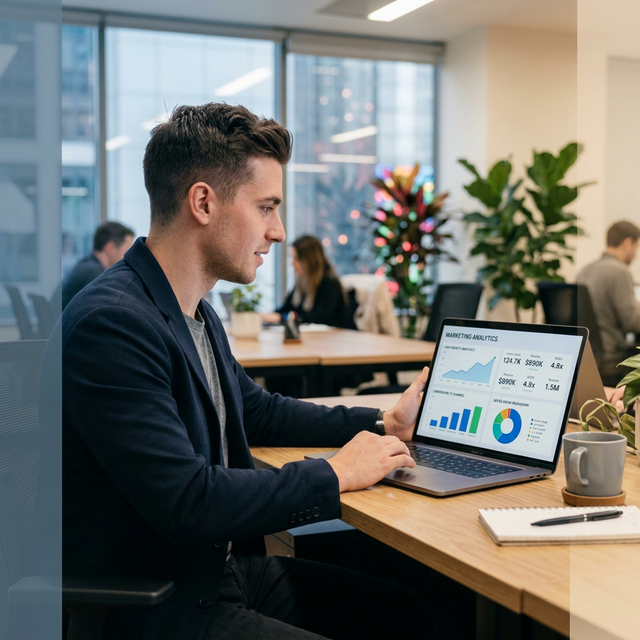 Marketing analyst reviewing analytics dashboard with growth charts